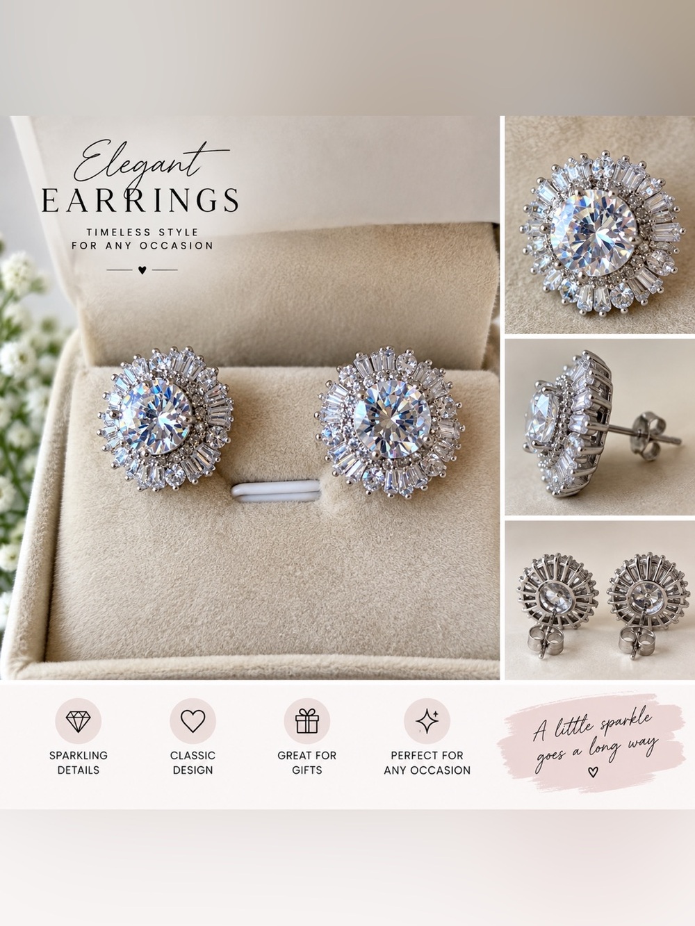 Classic Silver Crystal Halo Stud Earrings - Elegant Sparkle